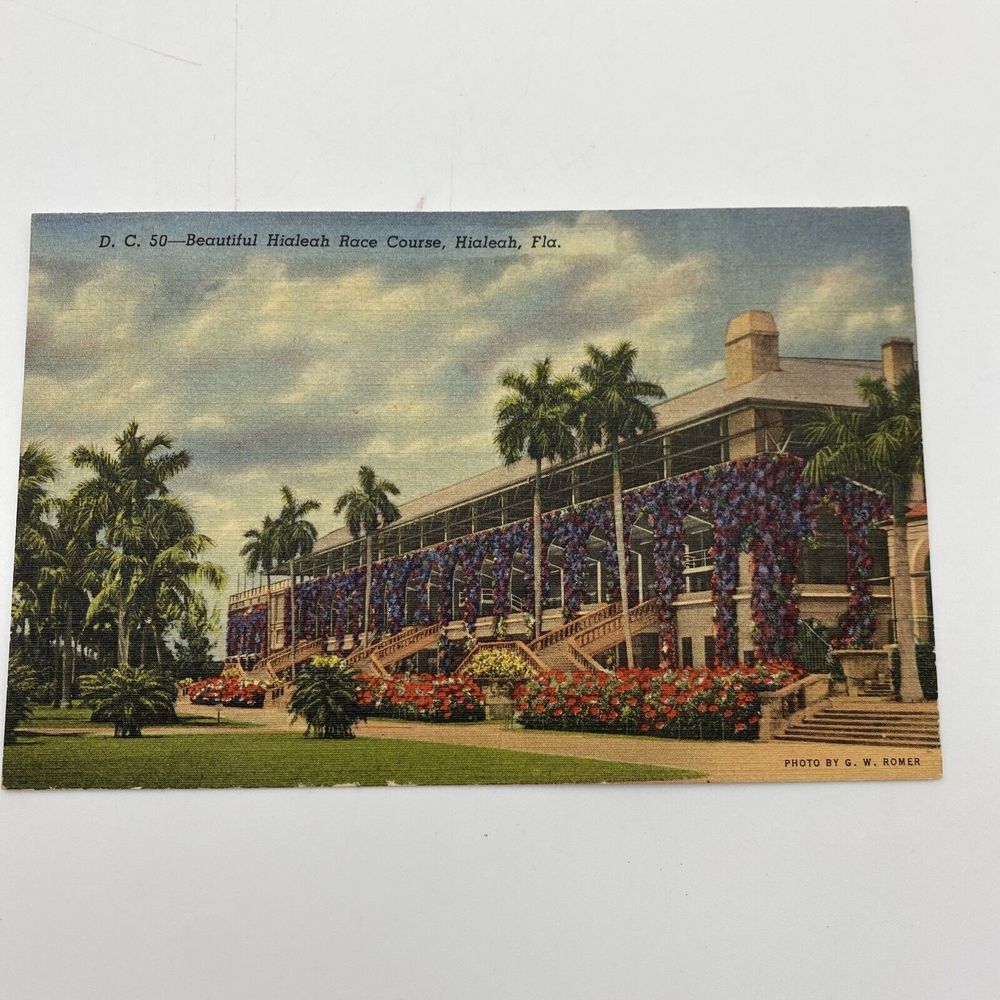 Vintage Hialeah Race Course‎ Postcard Florida Grandstand Linen C T Art Colortone